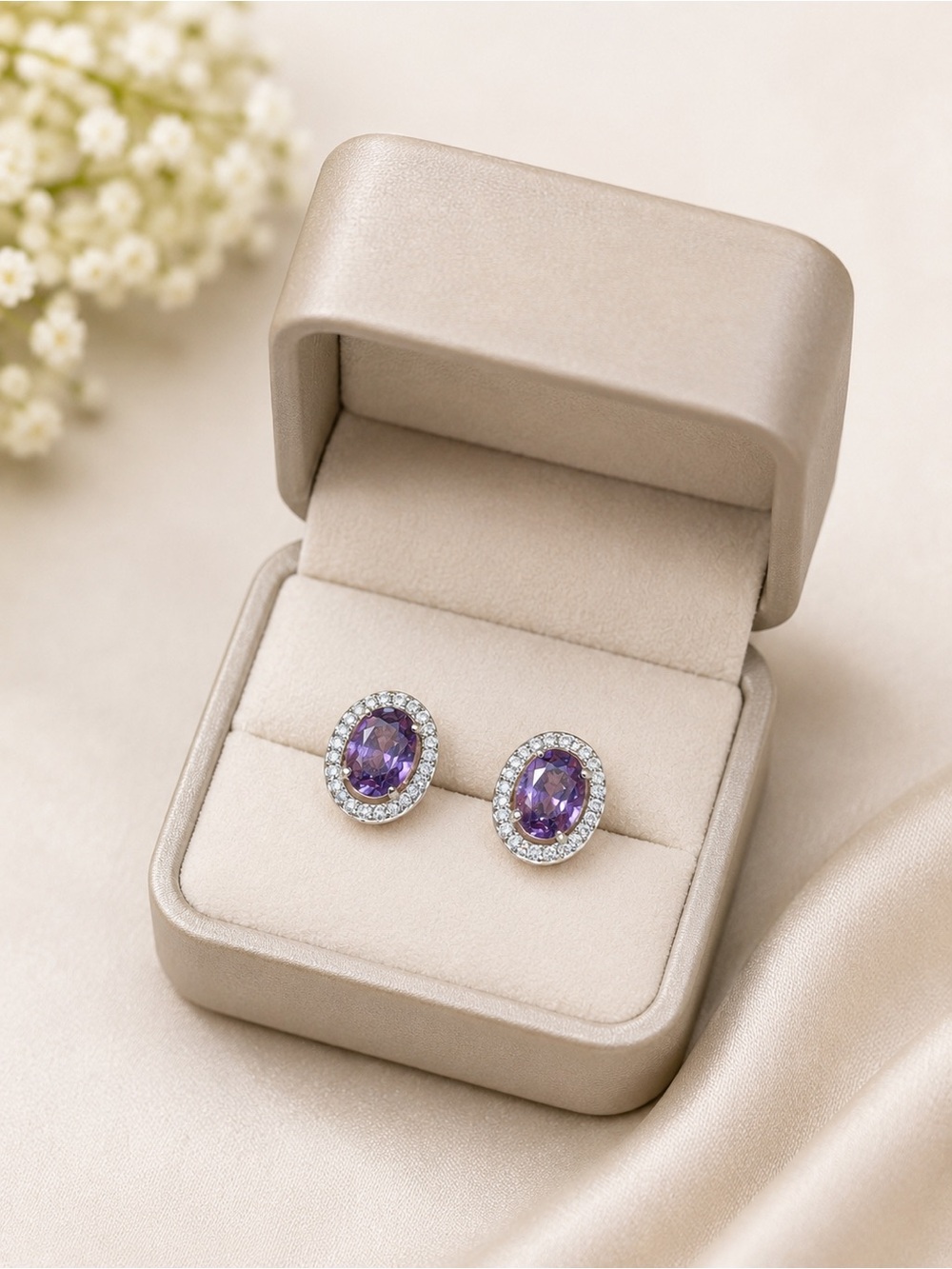 Purple oval halo stud earrings - non tarnished- fashion jewelry - everyday wear